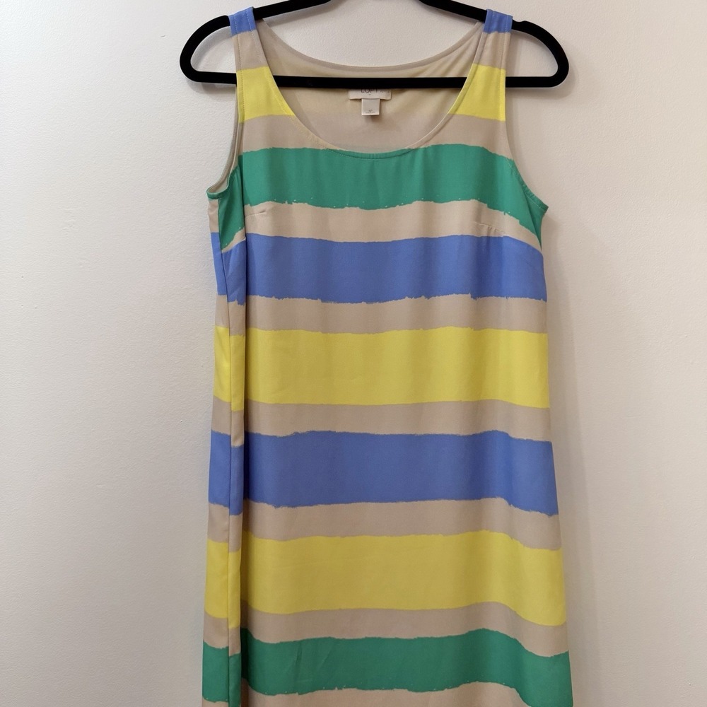 LOFT Maxi Dress SP Sleeveless Striped Blue Tan Green Lightweight Coastal Classic